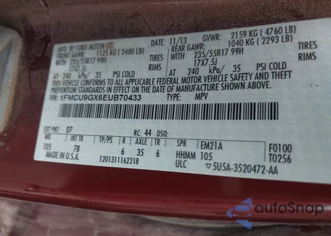 2014 Ford Escape Se z USA, uszkodzony, nr VIN 1FMCU9GX6EUB70433